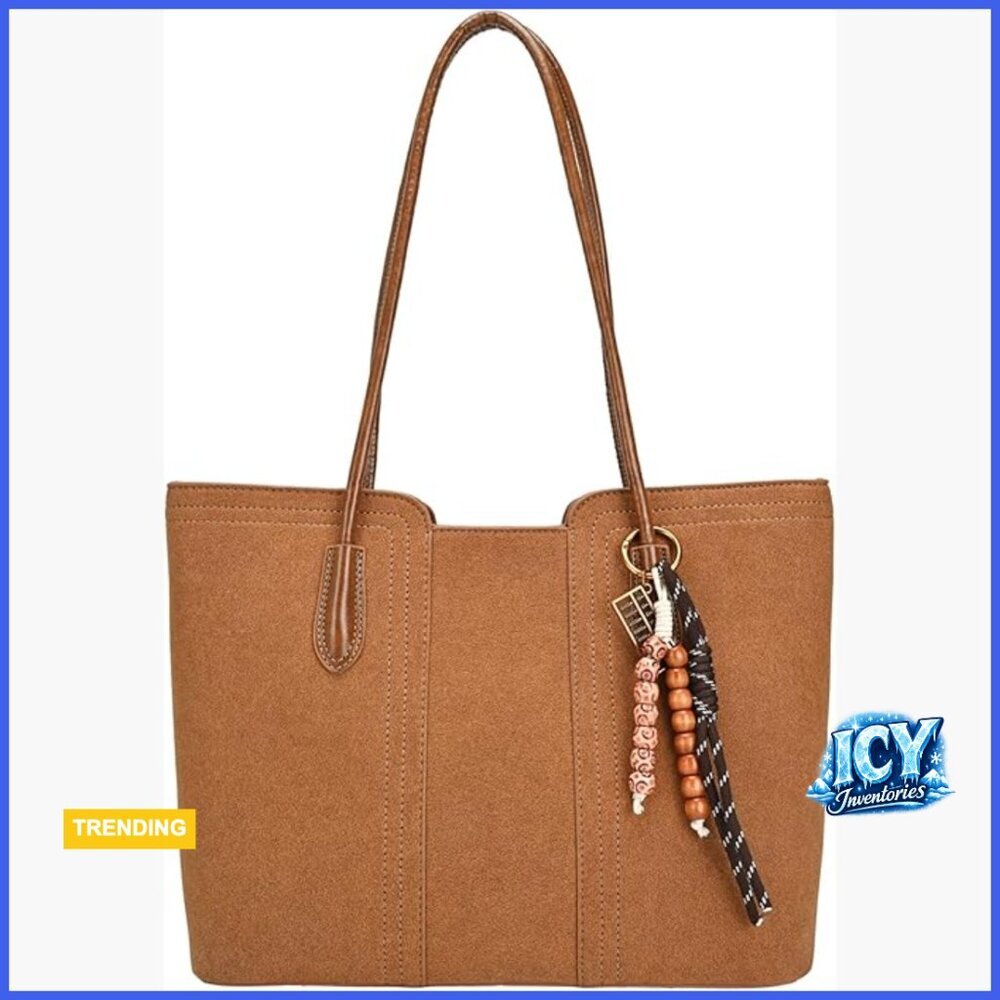 Faux Suede Leather Tote Bag with Pendant, Shoulder Top Handle Purse